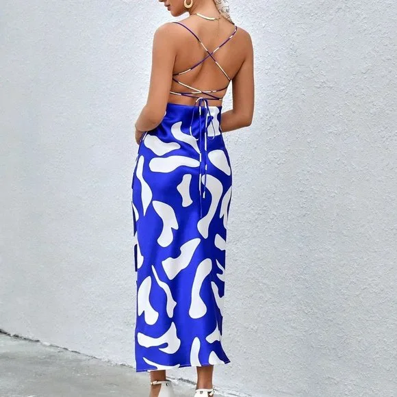 Blue & White Preppy Womens Allover Print Draped Collar Cami Dress - Picture 2 of 5